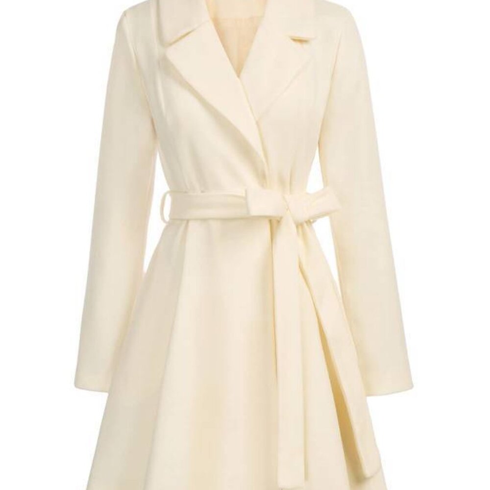 Retro Belted Trench Pea Coat Faux Fur Collar Fully Lined Plus Size - Picture 2 of 6